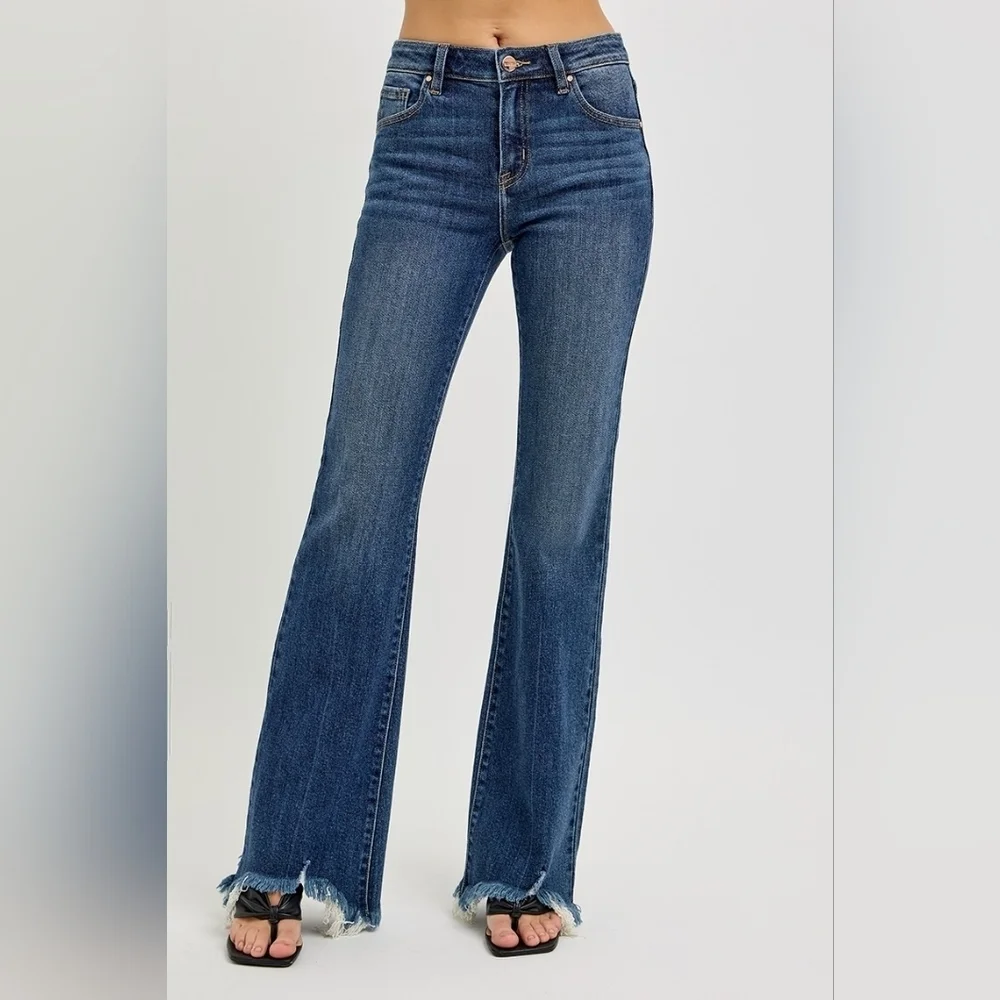 RISEN Mid Rise Dark Wash Flare Jeans Frayed Shredded Hems Retail Various NEW